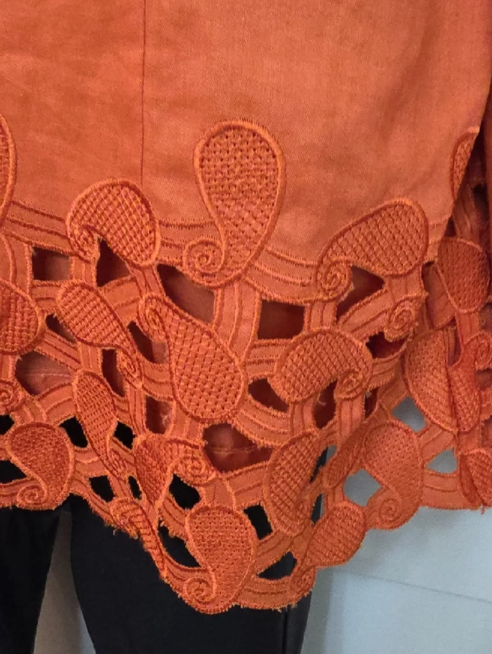 Orange Linen Button-Front Jacket with Crochet Hem by JSong